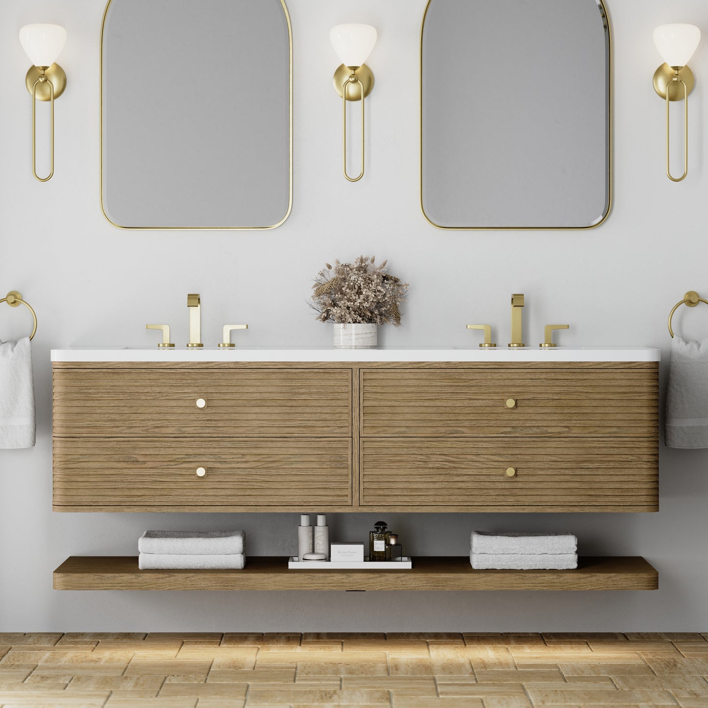 Renovate for Less Atlanta Allamari 72" Double Vanity, Dune Mist w/ 3 CM White Zeus Silestone Top