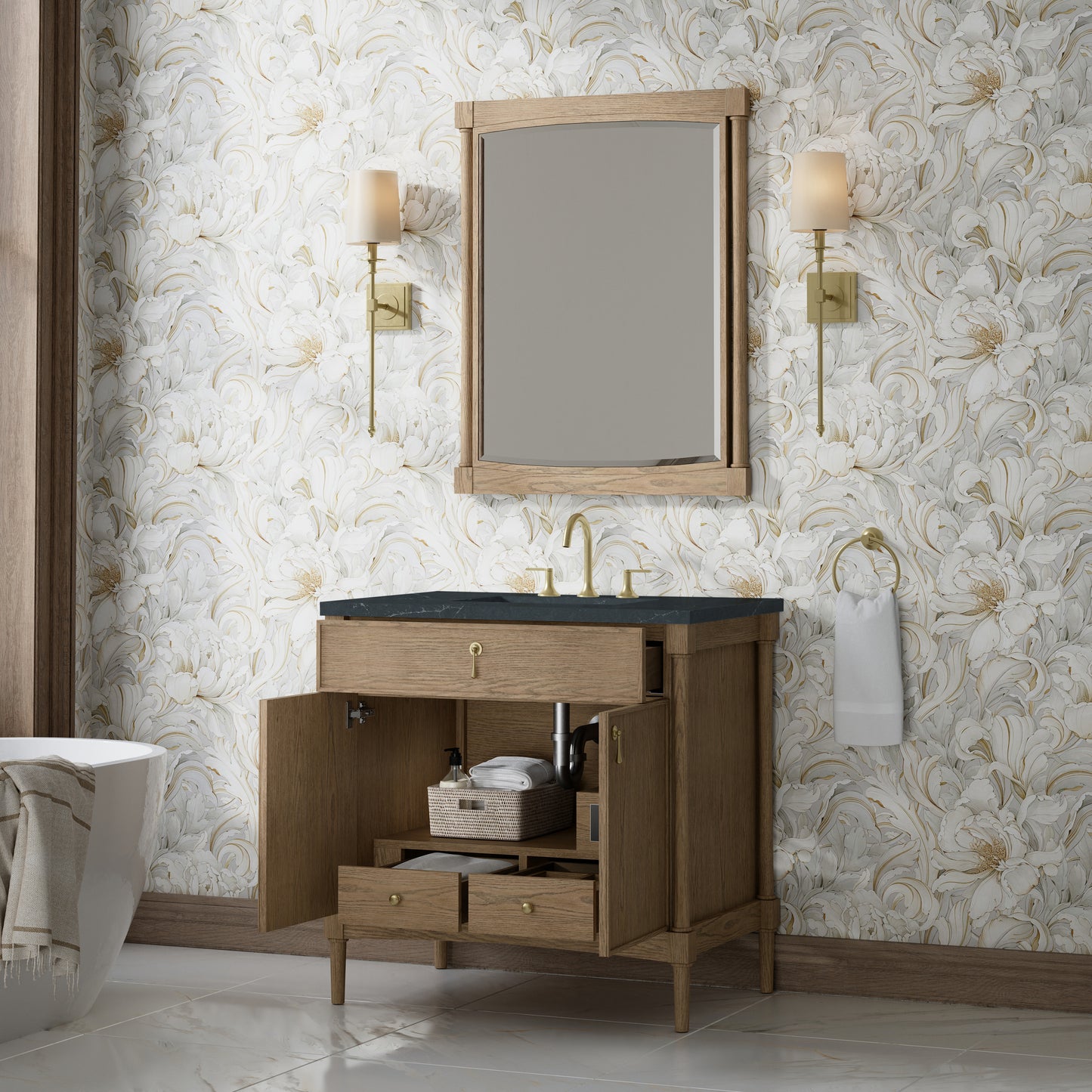 Renovate for Less Atlanta Kinnsden 36" Single Vanity, Weathered Oak w/ 3 CM Charcoal Soapstone Silestone Top