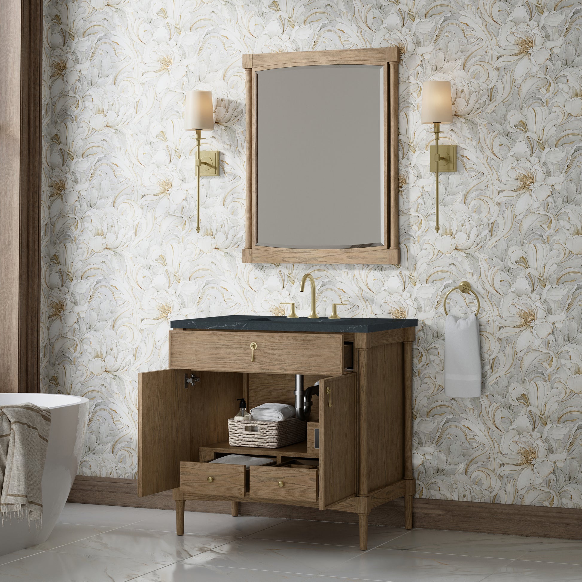 Renovate for Less Atlanta Kinnsden 36" Single Vanity, Weathered Oak w/ 3 CM Charcoal Soapstone Silestone Top