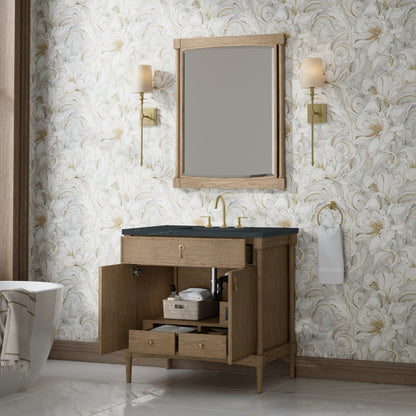 Renovate for Less Atlanta Kinnsden 36" Single Vanity, Weathered Oak w/ 3 CM Charcoal Soapstone Silestone Top