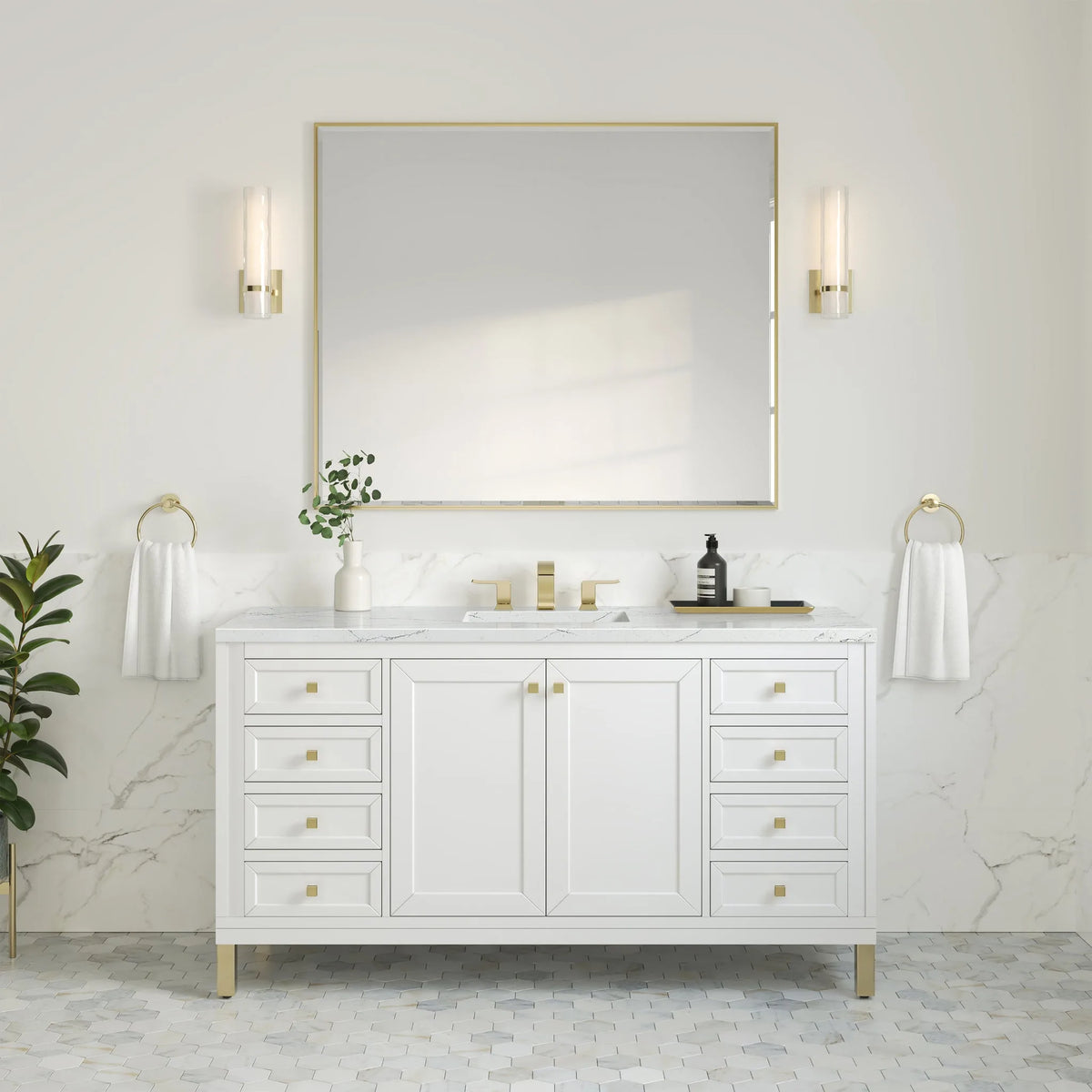 Chicago 60" Single Vanity, Glossy White, w/ 3 CM Ethereal Noctis Silestone Top w/ FreePower Wireless Charger