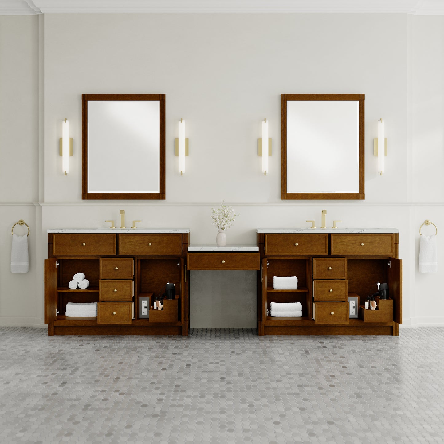 Renovate for Less Atlanta Bellshire 120" Dual Vanity Set with 24" Make-Up Counter, Honey Oak w/3 cm Ethereal Noctis Silestone Top