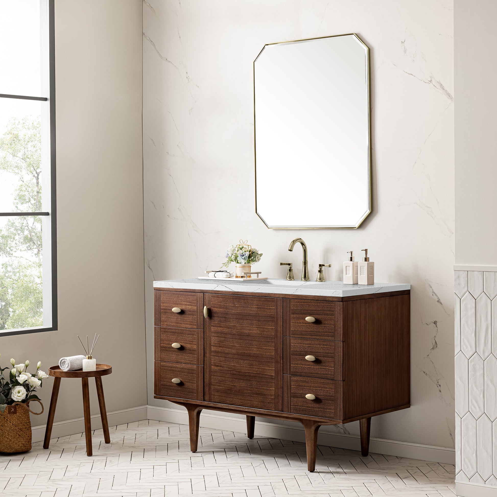 Renovate for Less Atlanta Amberly 48" Single Vanity, Mid-Century Walnut w/ 3 CM Ethereal Noctis Top w/FreePower Wireless Charger