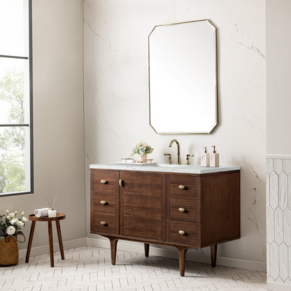 Renovate for Less Atlanta Amberly 48" Single Vanity, Mid-Century Walnut w/ 3 CM Ethereal Noctis Top w/FreePower Wireless Charger