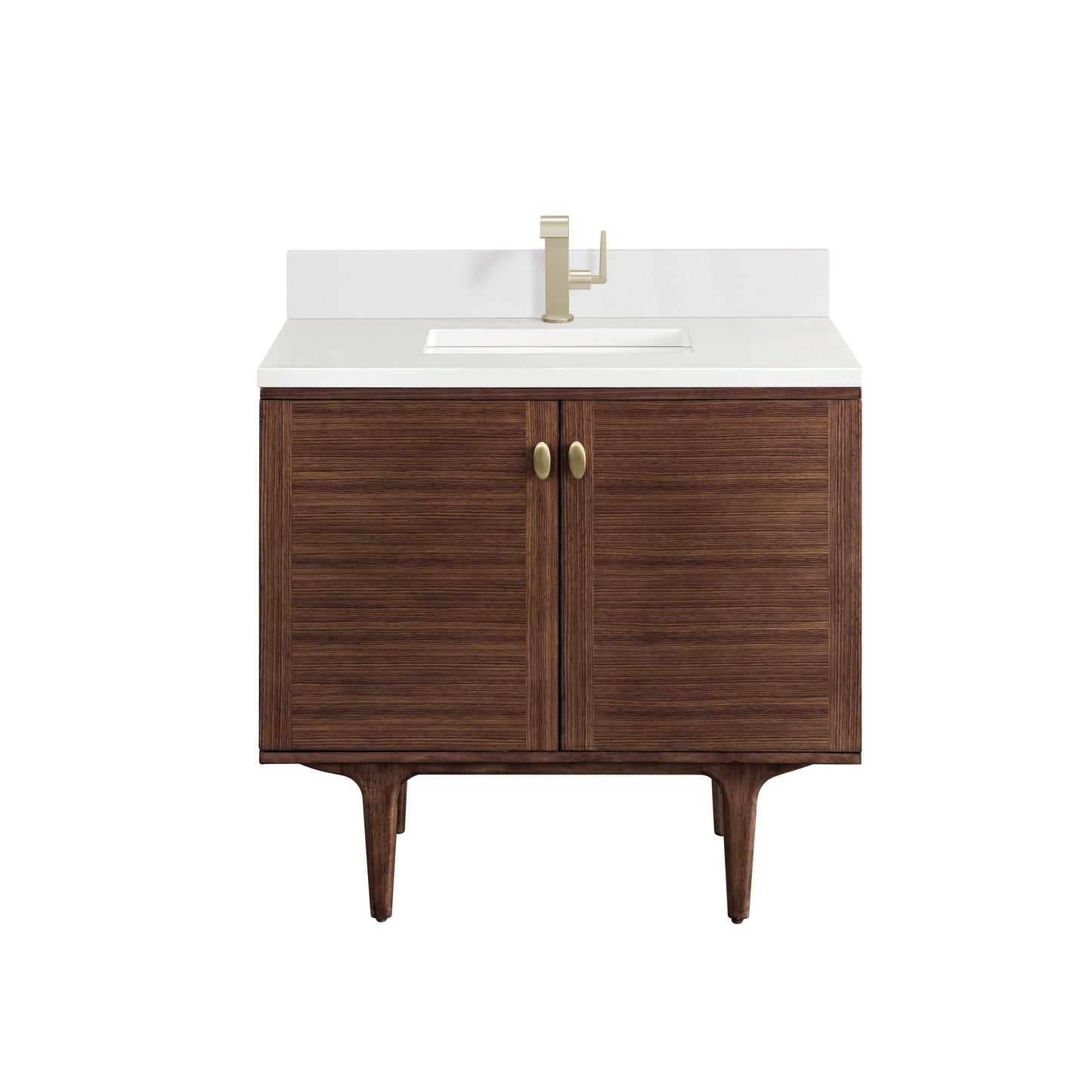 Renovate for Less Atlanta Amberly 36" Single Vanity, Mid-Century Walnut w/ Single Hole 3 CM White Zeus Top & Backsplash