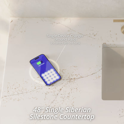 Renovate for Less Atlanta Celeste 48" Single Vanity, Sunwashed Oak with Embossed Shagreen, w/ 3 CM Siberian Silestone Top w/FreePower Wireless Charger