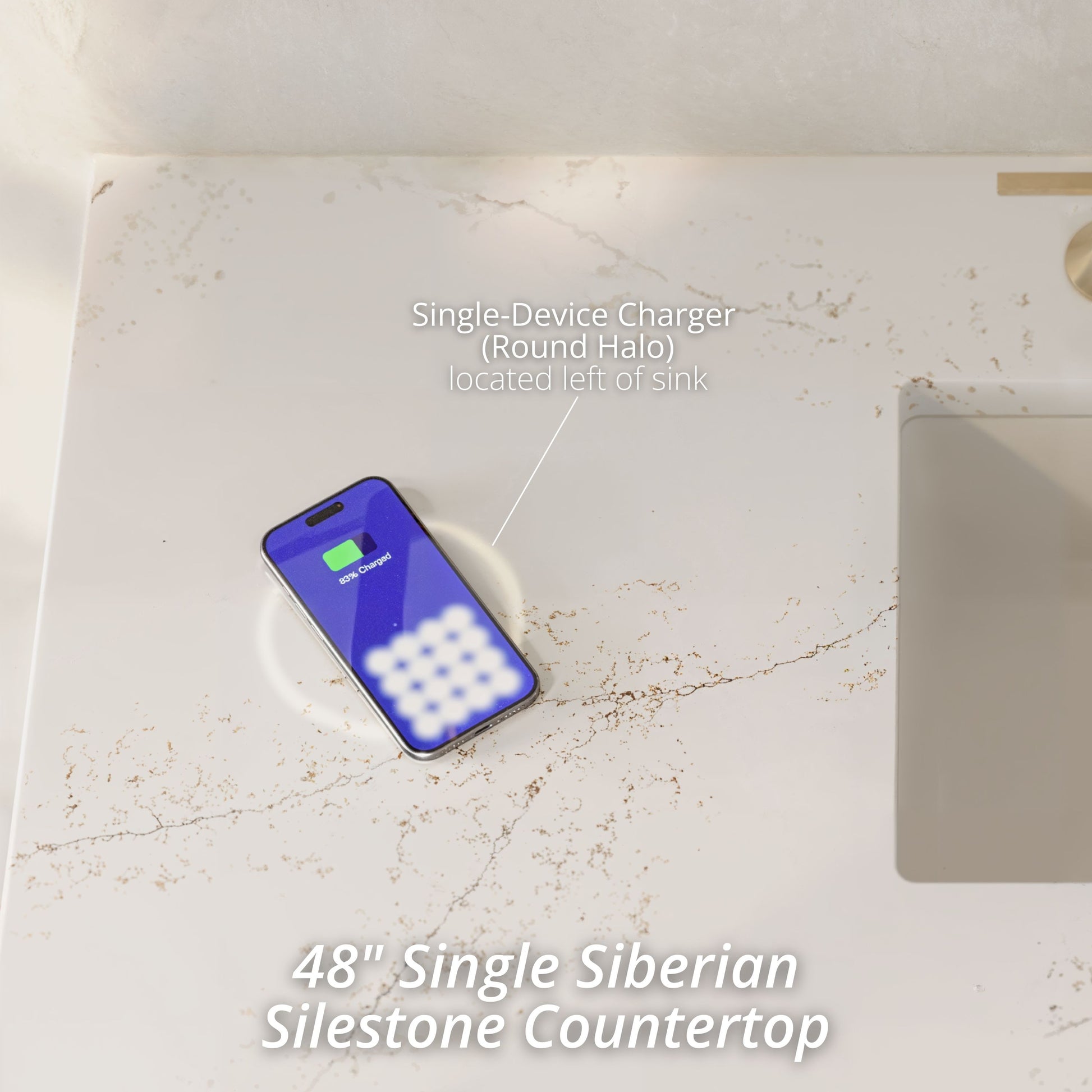 Renovate for Less Atlanta Lucian 48" Single Vanity, Carbon Oak, w/ 3 CM Siberian Silestone Top w/FreePower Wireless Charger