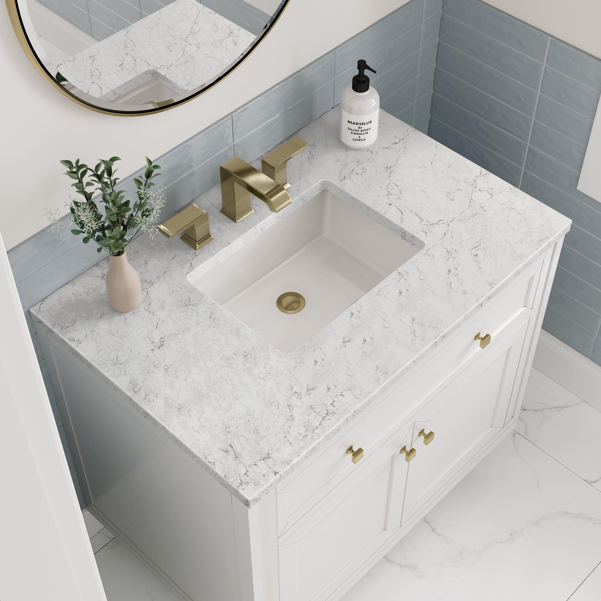 Renovate for Less Atlanta Chicago 36" Single Vanity, Glossy White, w/ 3 CM Eternal Jasmine Pearl Silestone® Top
