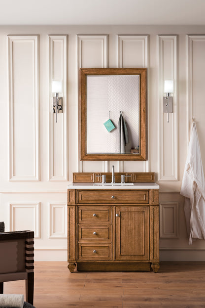 Renovate for Less Atlanta Bristol 36" Single Vanity, Saddle Brown w/ 3 CM White Zeus Silestone Top