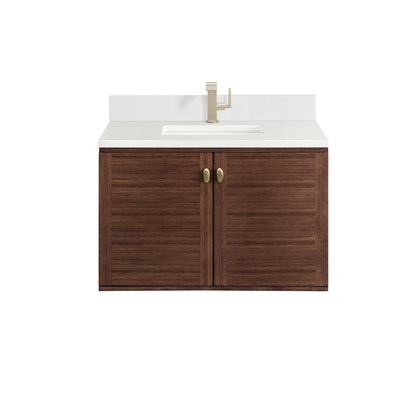 Renovate for Less Atlanta Amberly 36" Single Vanity, Mid-Century Walnut w/ Single Hole 3 CM White Zeus Top & Backsplash