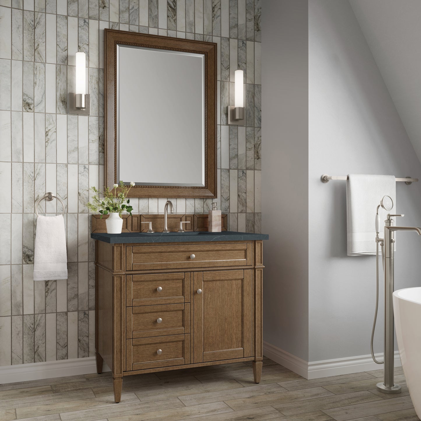 Renovate for Less Atlanta Brittany 36" Single Vanity, Saddle Brown w/ 3 CM Charcoal Soapstone Silestone Top