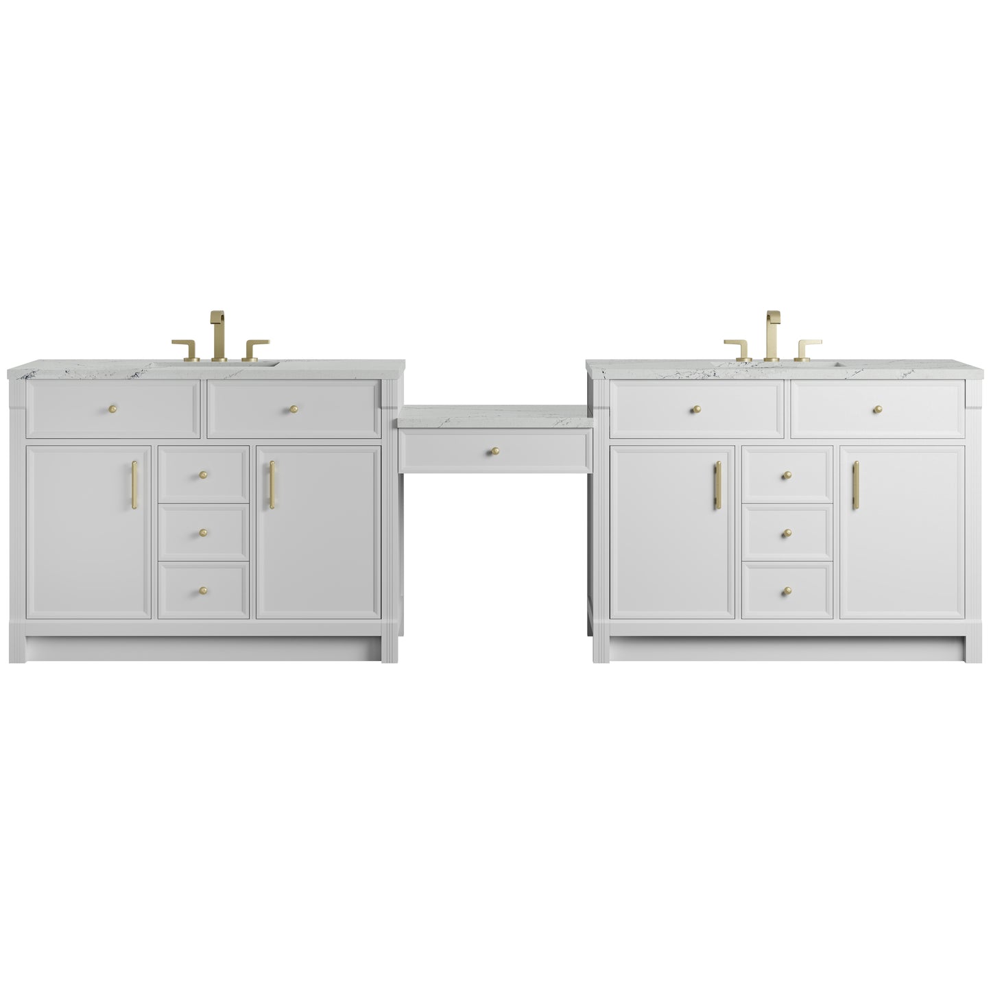 Renovate for Less Atlanta Bellshire 120" Dual Vanity Set with 24" Make-Up Counter, Bright White w/3 cm Ethereal Noctis Silestone Top w/FreePower Wireless Charger
