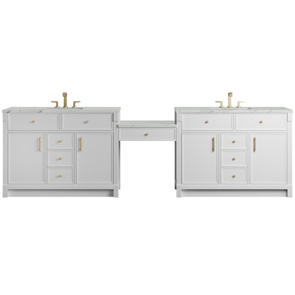 Renovate for Less Atlanta Bellshire 120" Dual Vanity Set with 24" Make-Up Counter, Bright White w/3 cm Ethereal Noctis Silestone Top w/FreePower Wireless Charger
