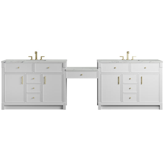 Renovate for Less Atlanta Bellshire 120" Dual Vanity Set with 24" Make-Up Counter, Bright White w/3 cm Ethereal Noctis Silestone Top w/FreePower Wireless Charger