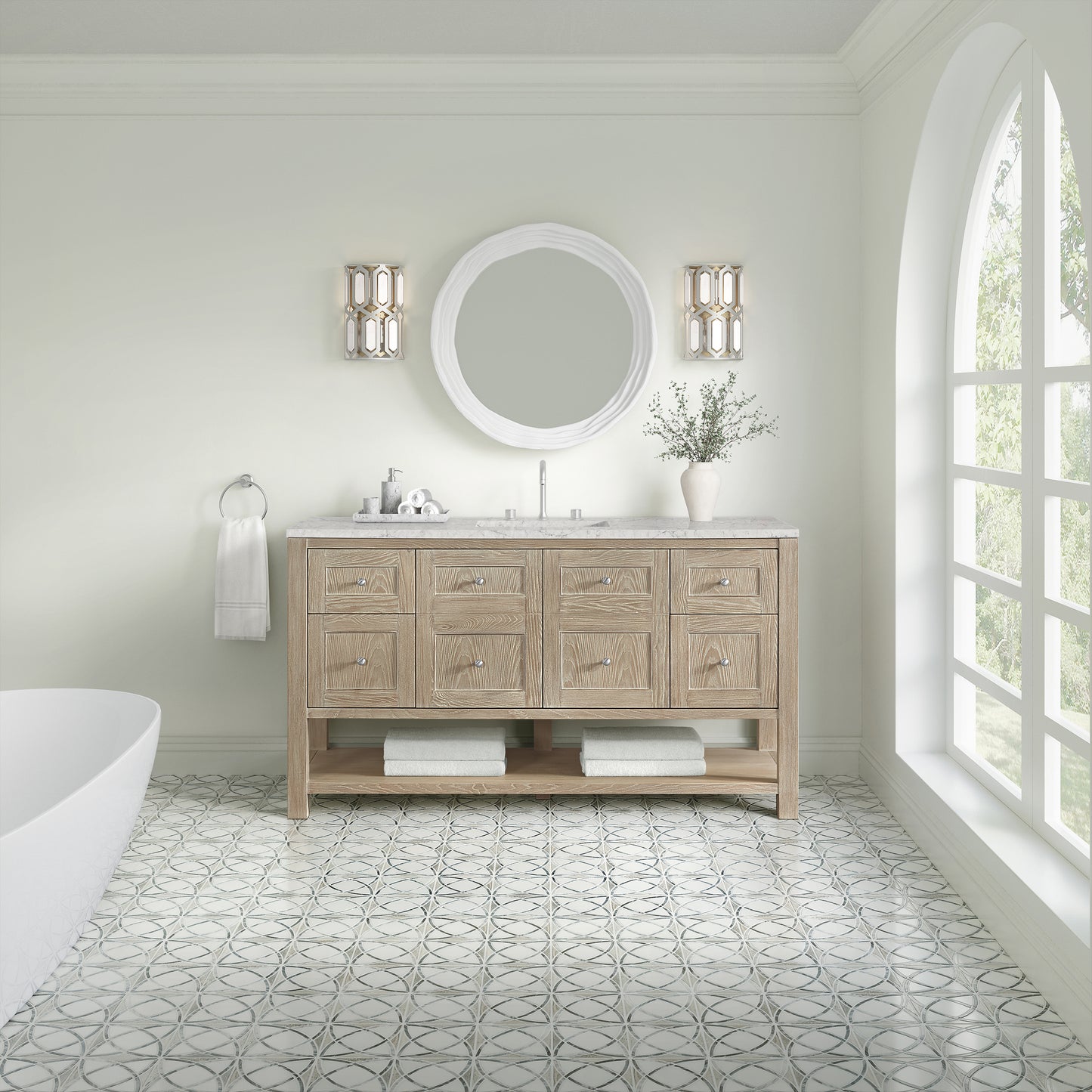 Renovate for Less Atlanta Breckenridge 60" Single Vanity, Whitewashed Oak, w/ 3 CM Eternal Jasmine Pearl Quartz Top