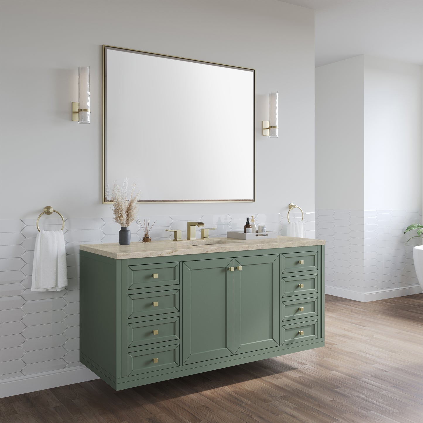 Renovate for Less Atlanta Chicago 60" Single Vanity, Smokey Celadon, w/ 3 CM Tajnar Eclos Top w/FreePower Wireless Charger