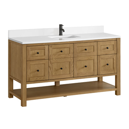 Renovate for Less Atlanta Breckenridge 60" Single Vanity, Light Natural Oak, w/ Single Hole 3 CM White Zeus Quartz Top & Backsplash