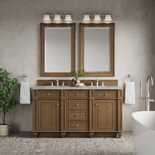 Bristol 60" Double Vanity, Saddle Brown w/ 3 CM Victorian Silver Silestone Top