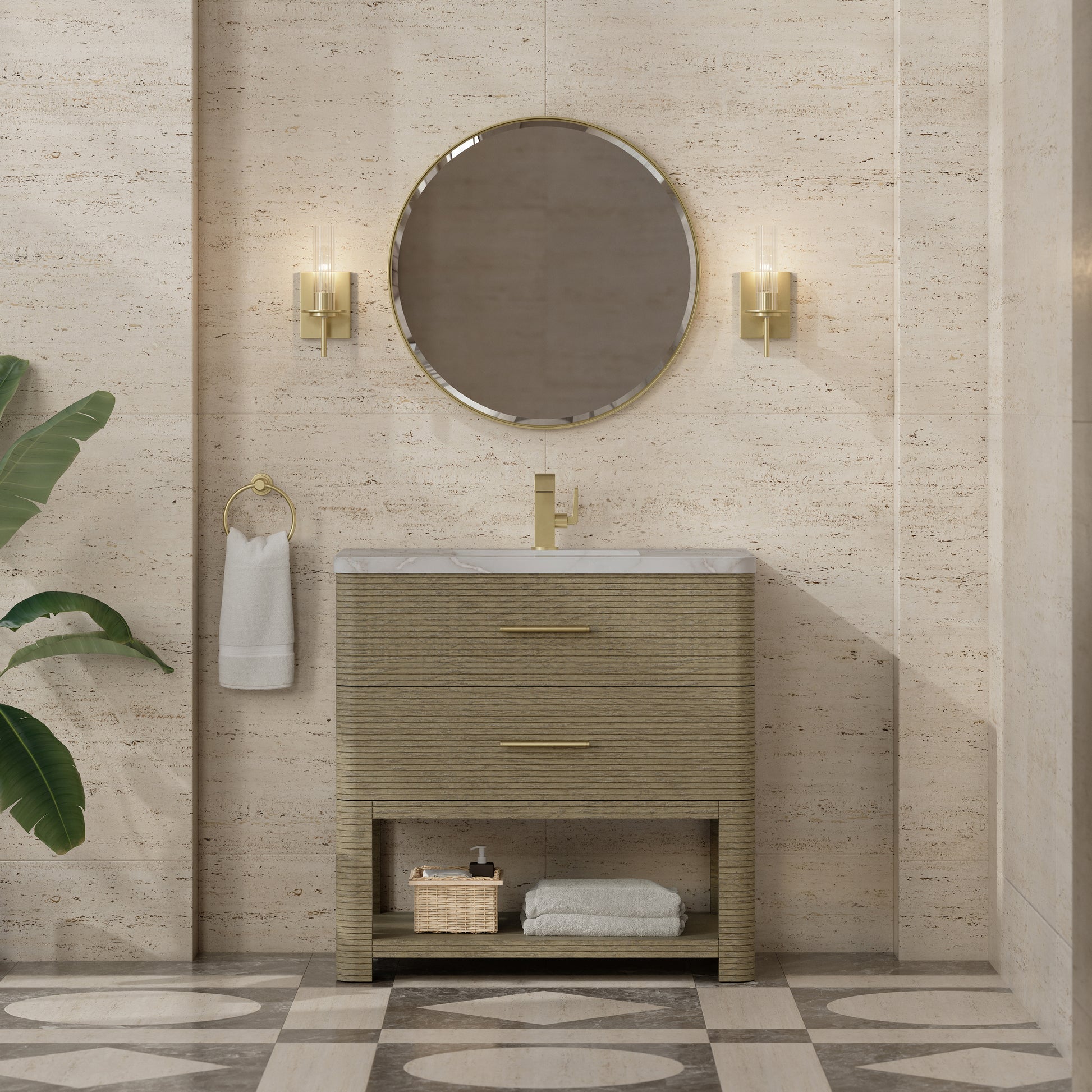 Renovate for Less Atlanta Lucian 36" Single Vanity, Pebble Oak w/ 3 CM Victorian Silver Silestone Top