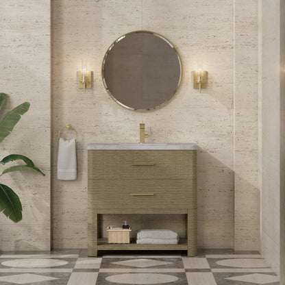 Renovate for Less Atlanta Lucian 36" Single Vanity, Pebble Oak w/ 3 CM Victorian Silver Silestone Top