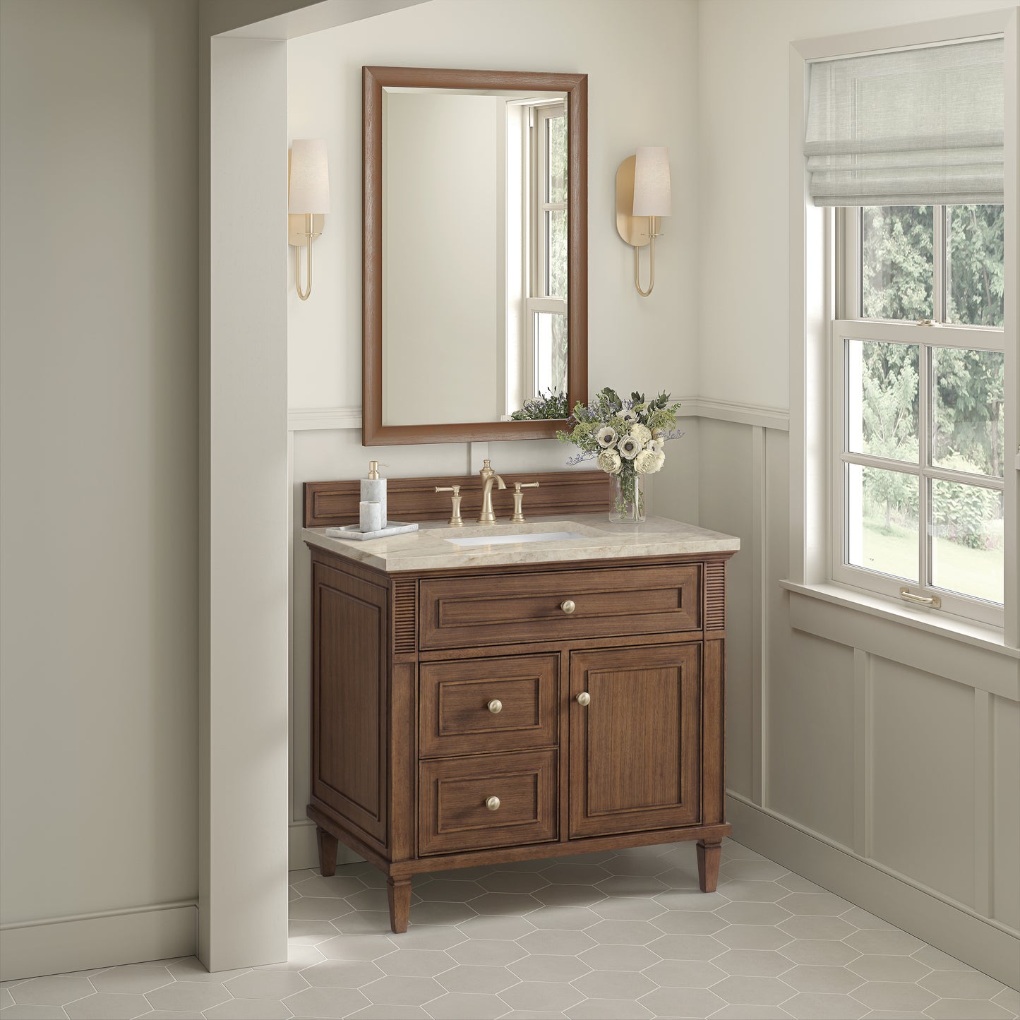 Renovate for Less Atlanta Lorelai 36" Single Vanity, Mid-Century Walnut, w/ 3 CM Tajnar Eclos Top
