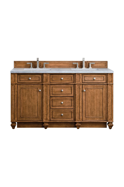 Renovate for Less Atlanta Bristol 60" Double Vanity, Saddle Brown w/ 3 CM Eternal Jasmine Pearl Silestone Top w/FreePower Wireless Charger