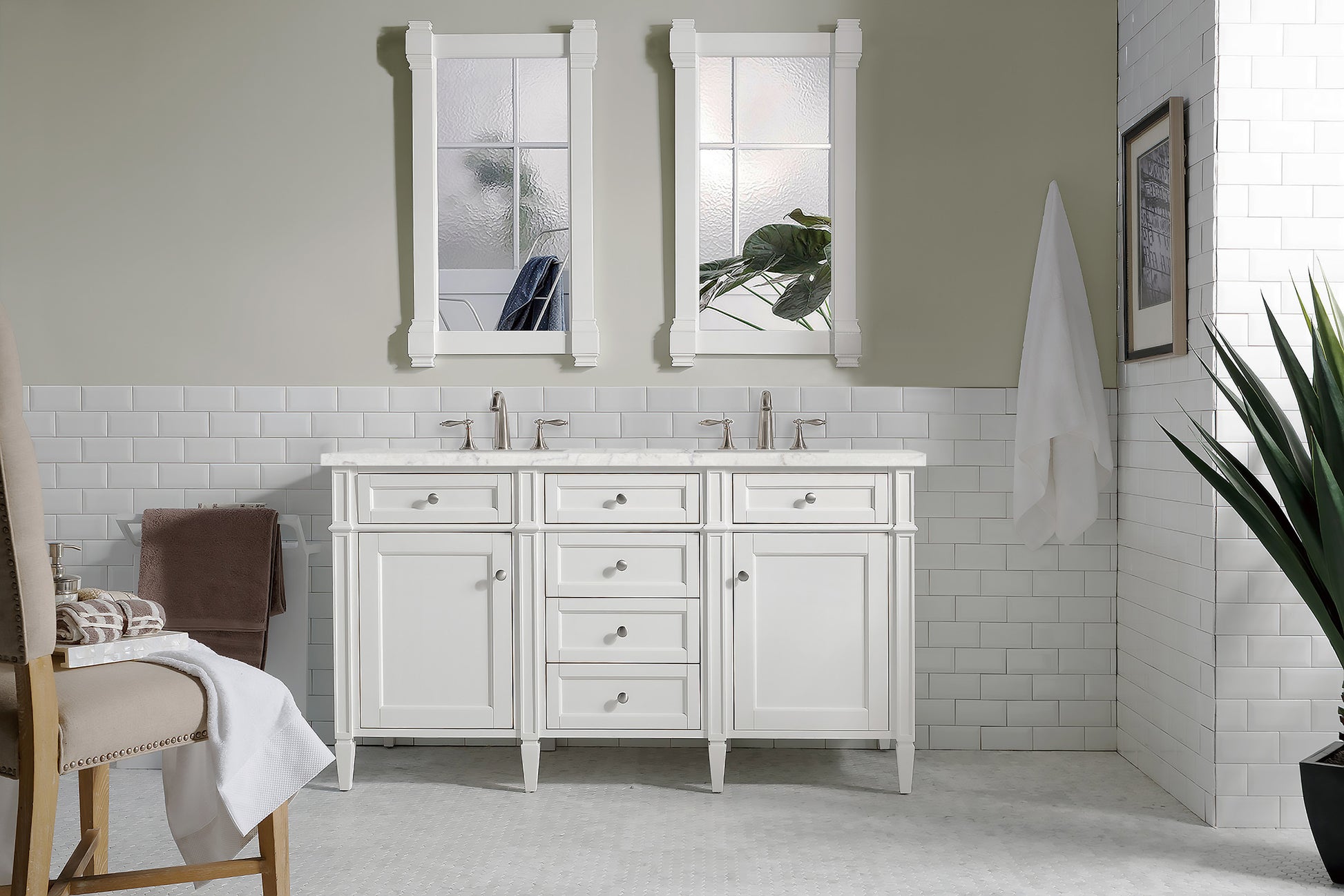 Renovate for Less Atlanta Brittany 60" Double Vanity, Bright White Vanity w/ 3 CM Eternal Jasmine Pearl Silestone Top w/FreePower Wireless Charger