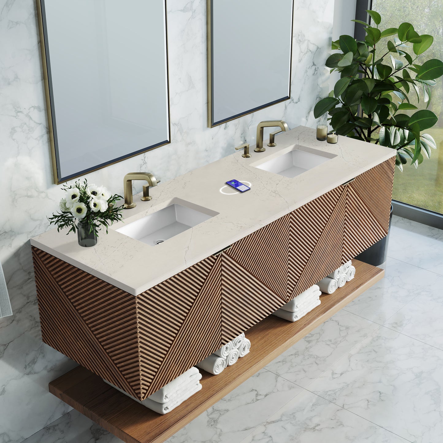 Renovate for Less Atlanta Marcello 72" Double Vanity, Chestnut, w/ 3 CM Siberian Silestone Top w/FreePower Wireless Charger