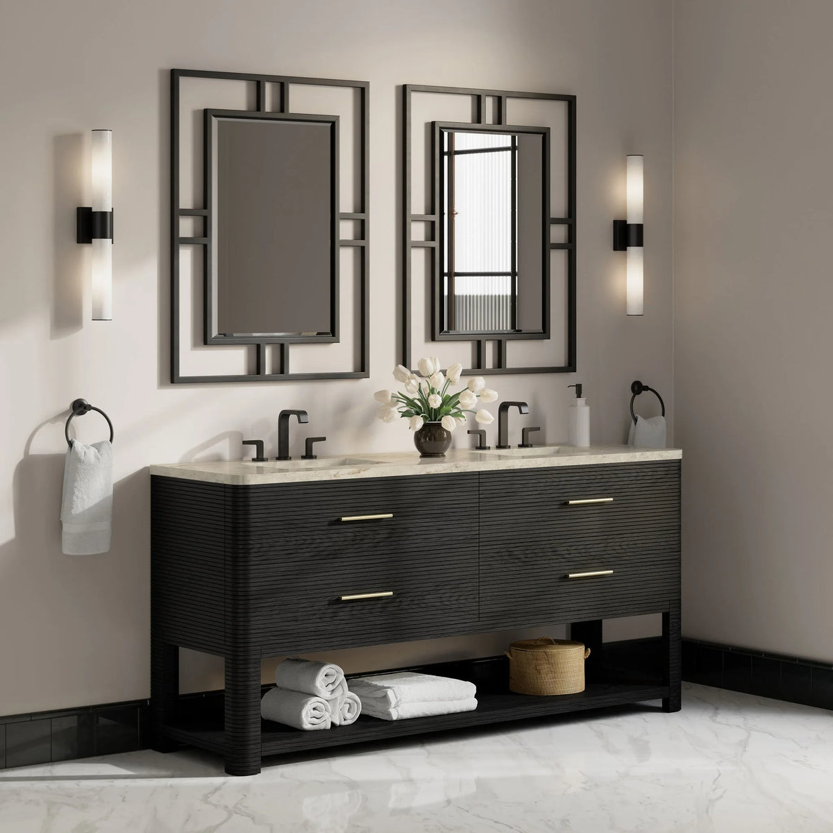 Lucian 72" Double Vanity, Carbon Oak, w/ 3 CM Tajnar Eclos Widespread Top