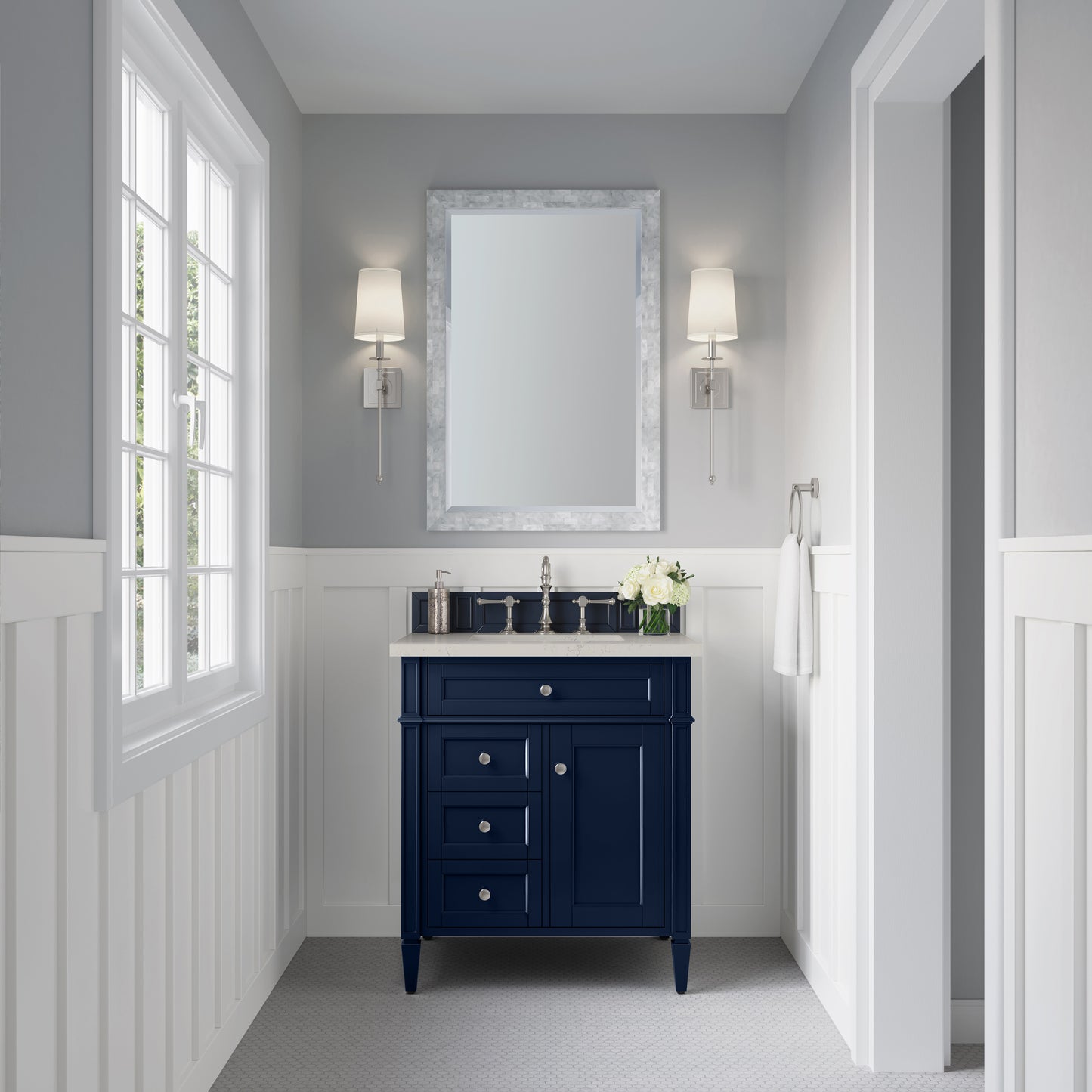 Renovate for Less Atlanta Brittany 30" Single Vanity, Victory Blue, w/ 3 CM Siberian Silestone Top