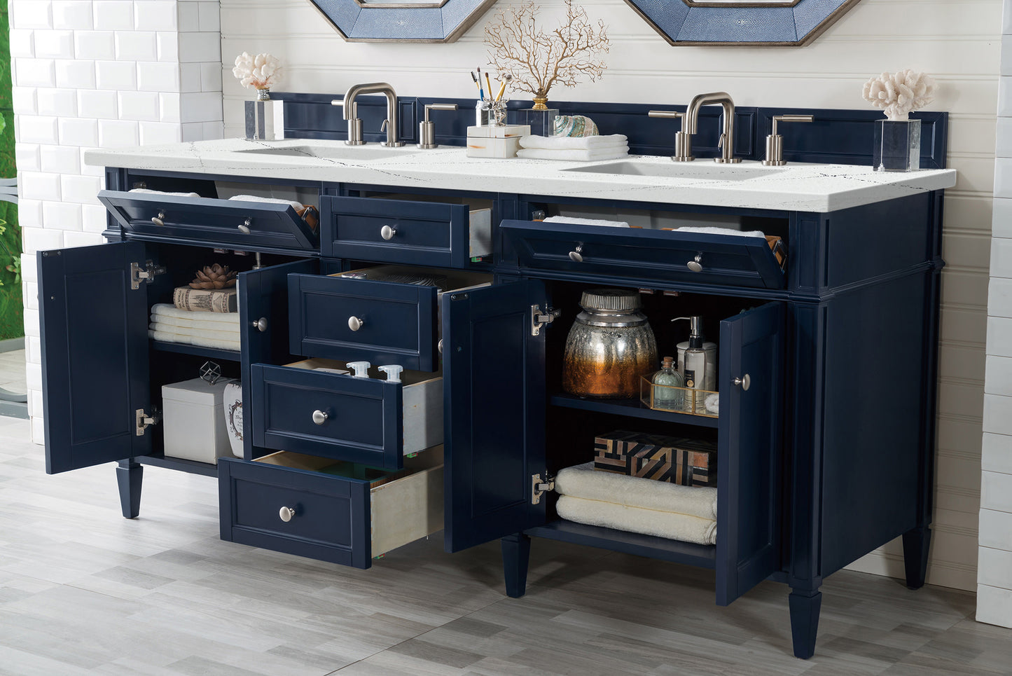 Renovate for Less Atlanta Brittany 72" Double Vanity, Victory Blue w/ 3 CM Ethereal Noctis Silestone Top