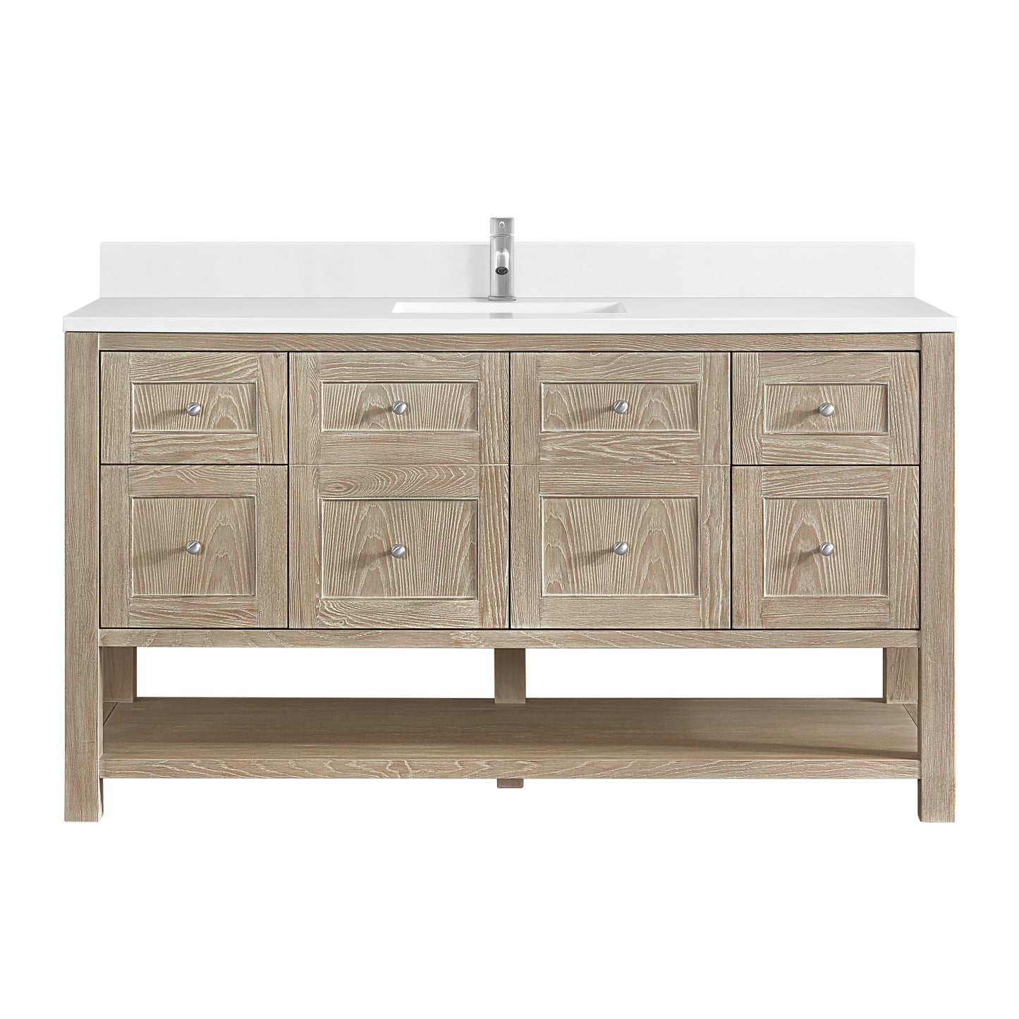 Renovate for Less Atlanta Breckenridge 60" Single Vanity, Whitewashed Oak, w/ Single Hole 3 CM White Zeus Quartz Top & Backsplash