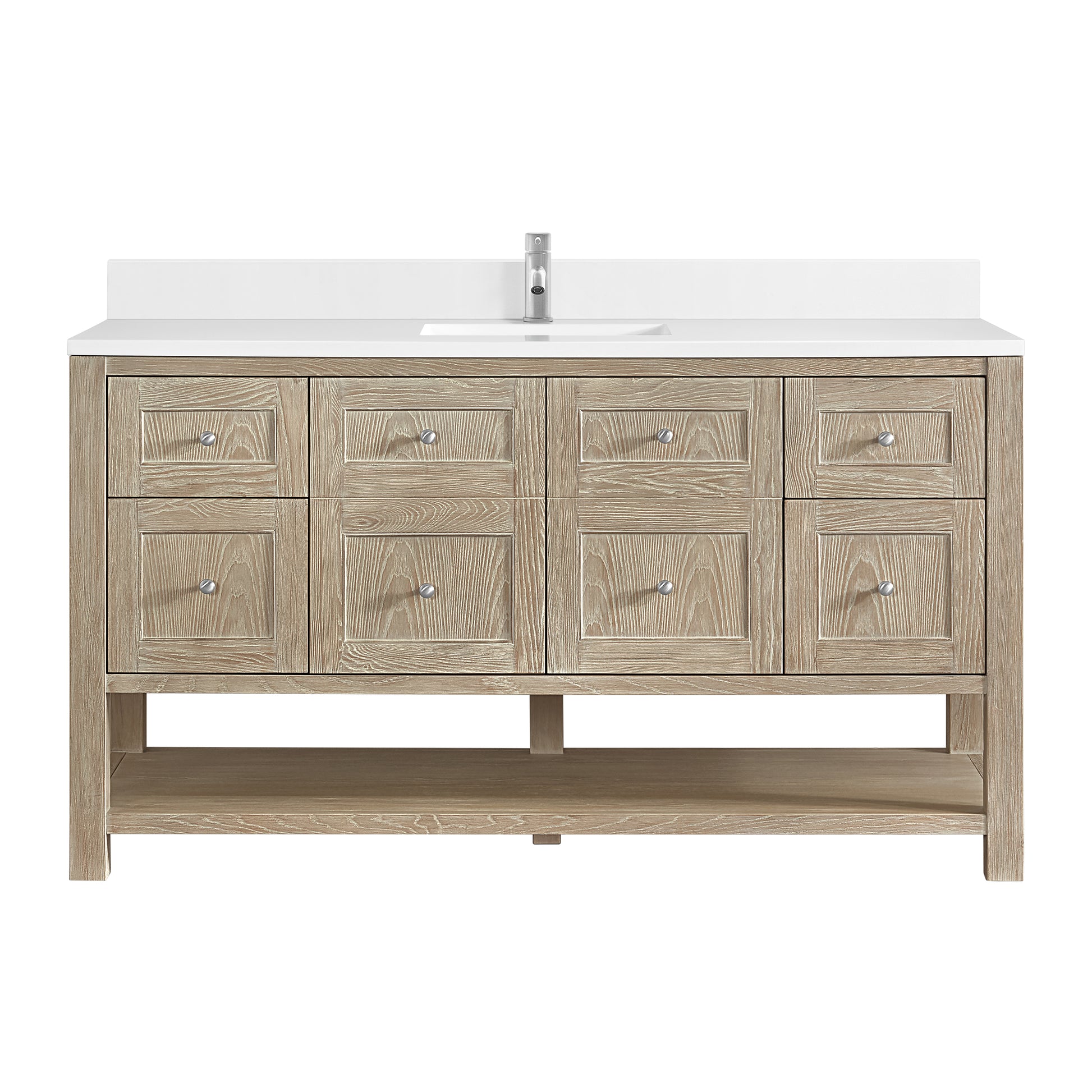Renovate for Less Atlanta Breckenridge 60" Single Vanity, Whitewashed Oak, w/ Single Hole 3 CM White Zeus Quartz Top & Backsplash