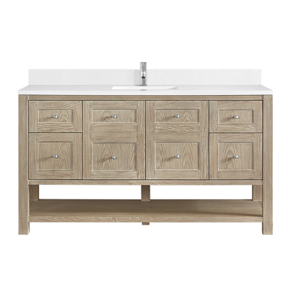 Renovate for Less Atlanta Breckenridge 60" Single Vanity, Whitewashed Oak, w/ Single Hole 3 CM White Zeus Quartz Top & Backsplash