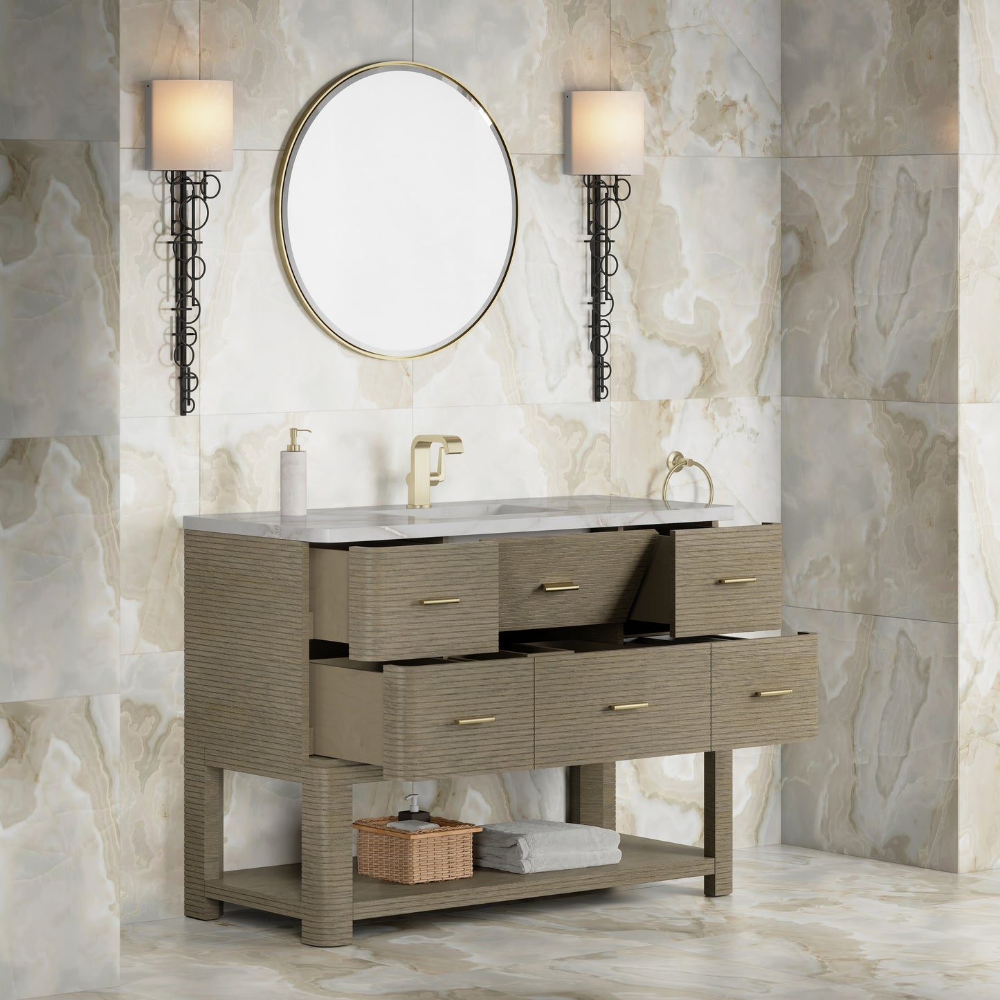 Renovate for Less Atlanta Lucian 48" Single Vanity, Pebble Oak w/ 3 CM Victorian Silver Silestone Top