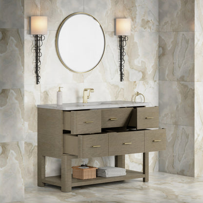 Renovate for Less Atlanta Lucian 48" Single Vanity, Pebble Oak w/ 3 CM Victorian Silver Silestone Top