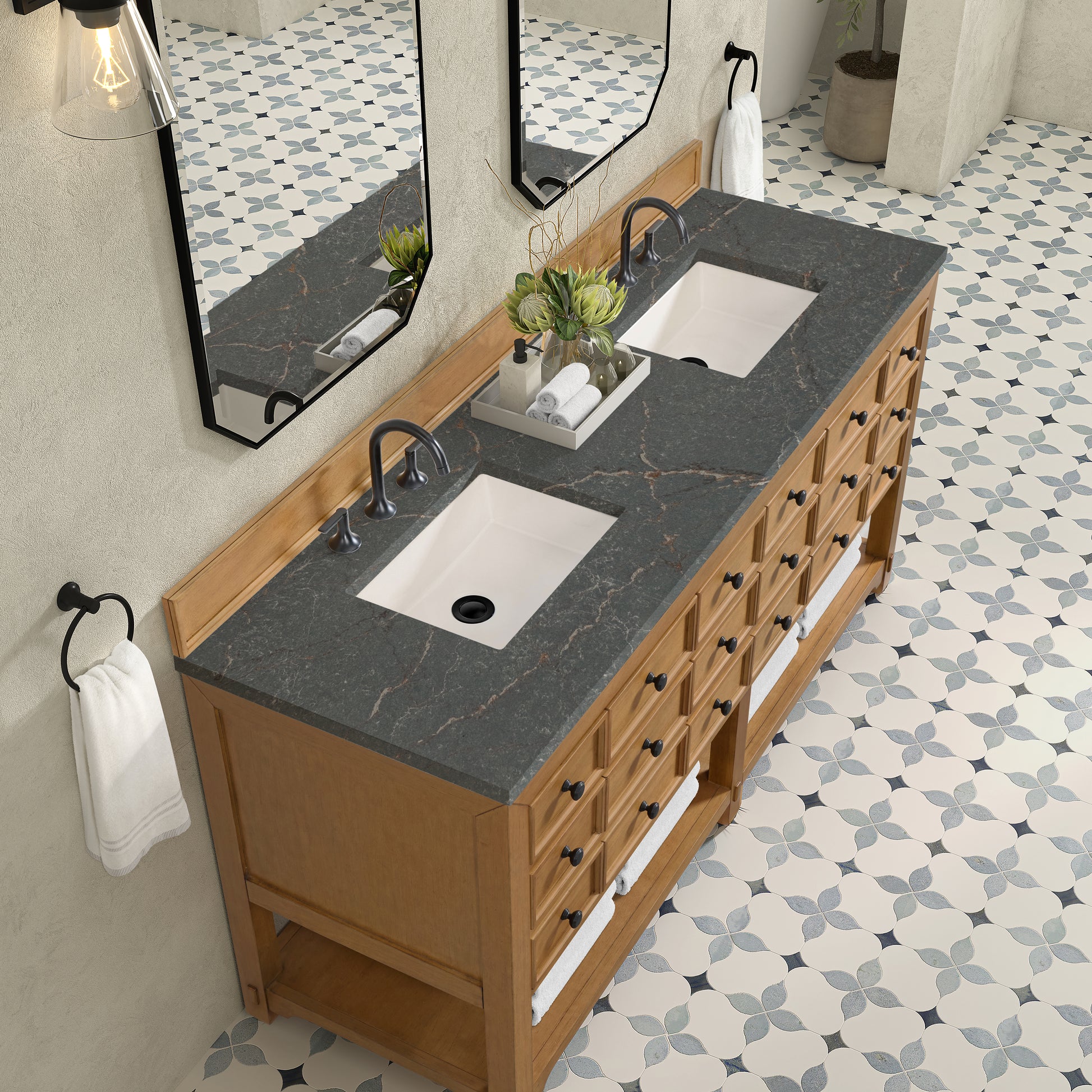 Renovate for Less Atlanta Malibu 72" Double Vanity, Amber Birch w/ 3 CM Parisien Bleu Top
