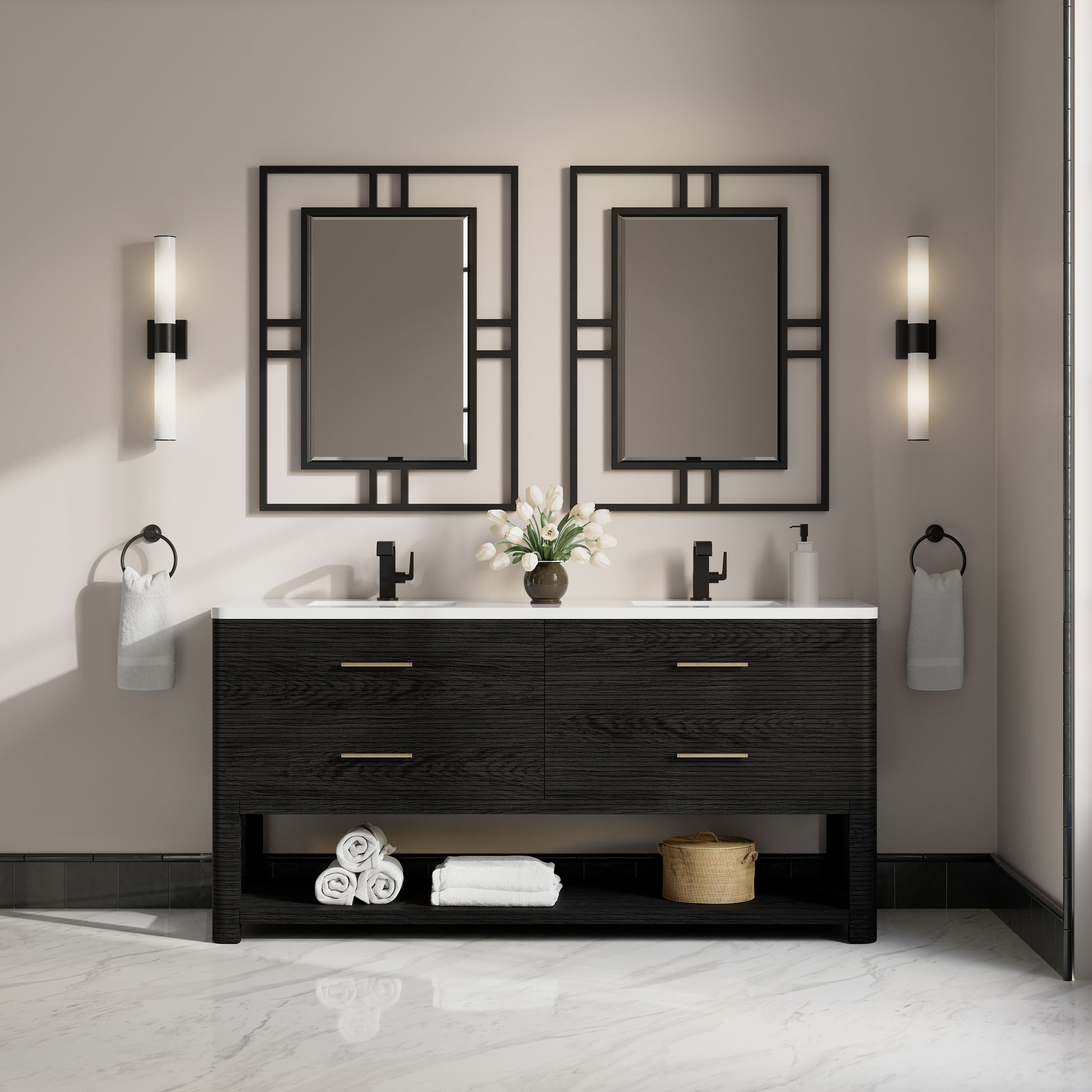 Renovate for Less Atlanta Lucian 72" Double Vanity, Carbon Oak w/ 3 CM White Zeus Silestone Top