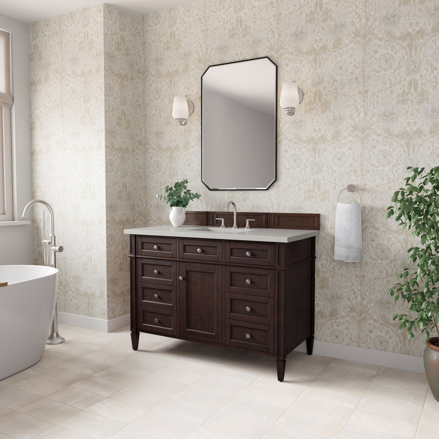 Renovate for Less Atlanta Brittany 48" Single Vanity, Burnished Mahogany w/ 3 CM Lime Delight Silestone Top