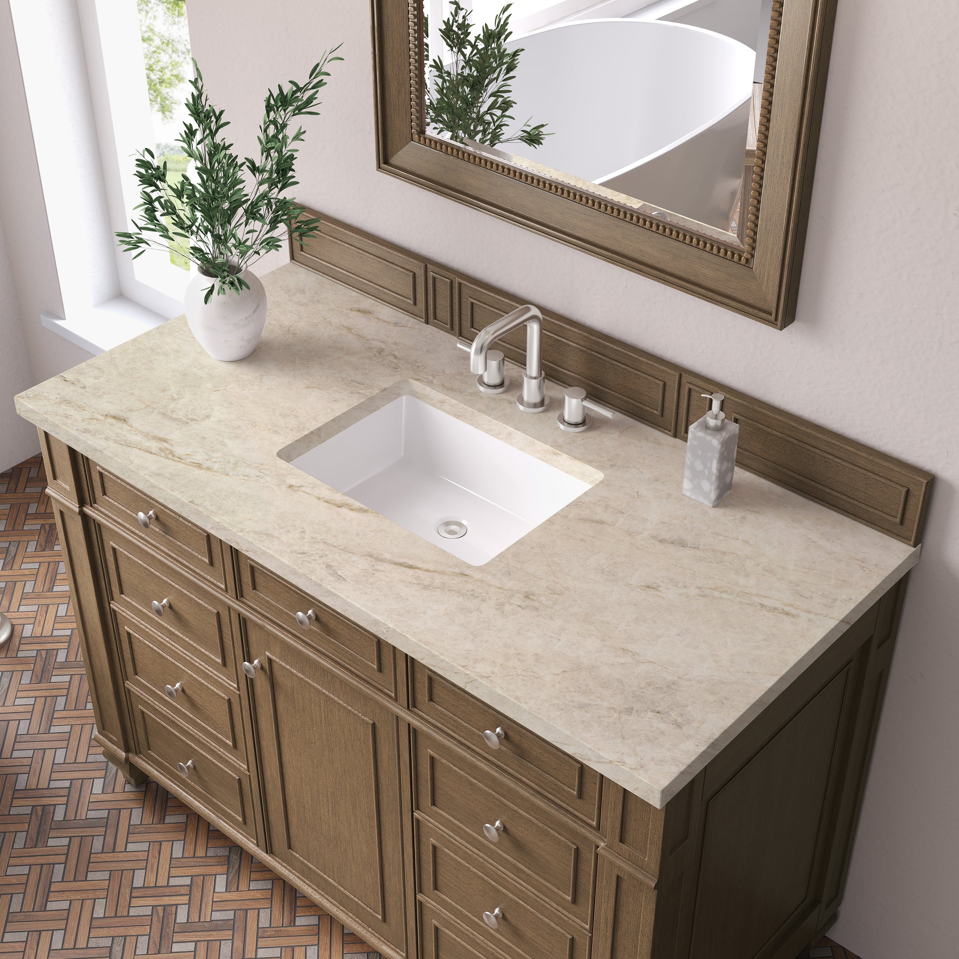 Renovate for Less Atlanta Bristol 48" Single Vanity, Saddle Brown, w/ 3 CM Tajnar Eclos Top