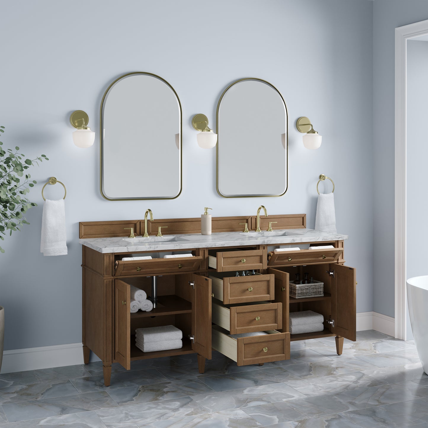 Renovate for Less Atlanta Brittany 72" Double Vanity, Pecan w/ 3 CM Carrara Marble Top