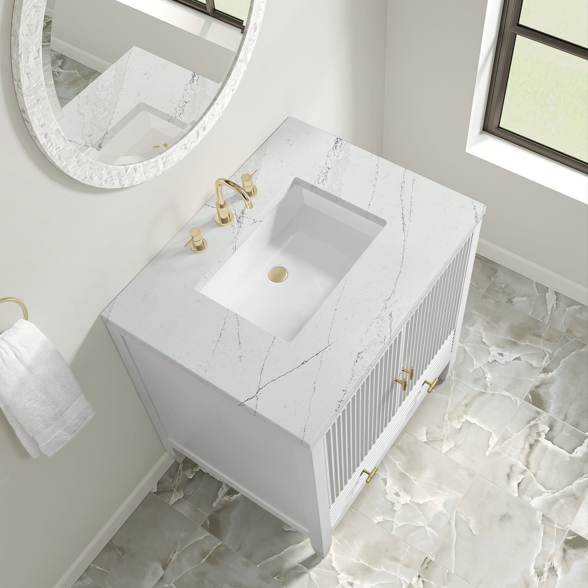Renovate for Less Atlanta Myrrin 30" Single Vanity, Bright White w/ 3 CM Ethereal Noctis Silestone Top