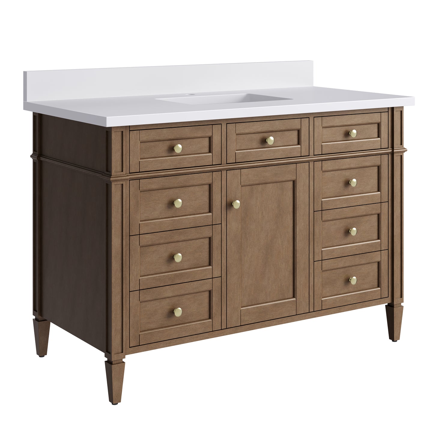 Renovate for Less Atlanta Brittany 48" Single Vanity, Pecan w/ Single Hole 3 CM White Zeus Silestone Top and Matching Backsplash
