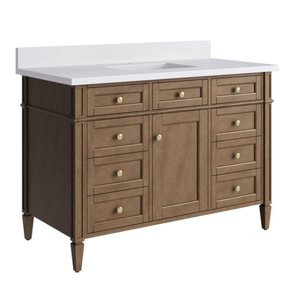 Renovate for Less Atlanta Brittany 48" Single Vanity, Pecan w/ Single Hole 3 CM White Zeus Silestone Top and Matching Backsplash