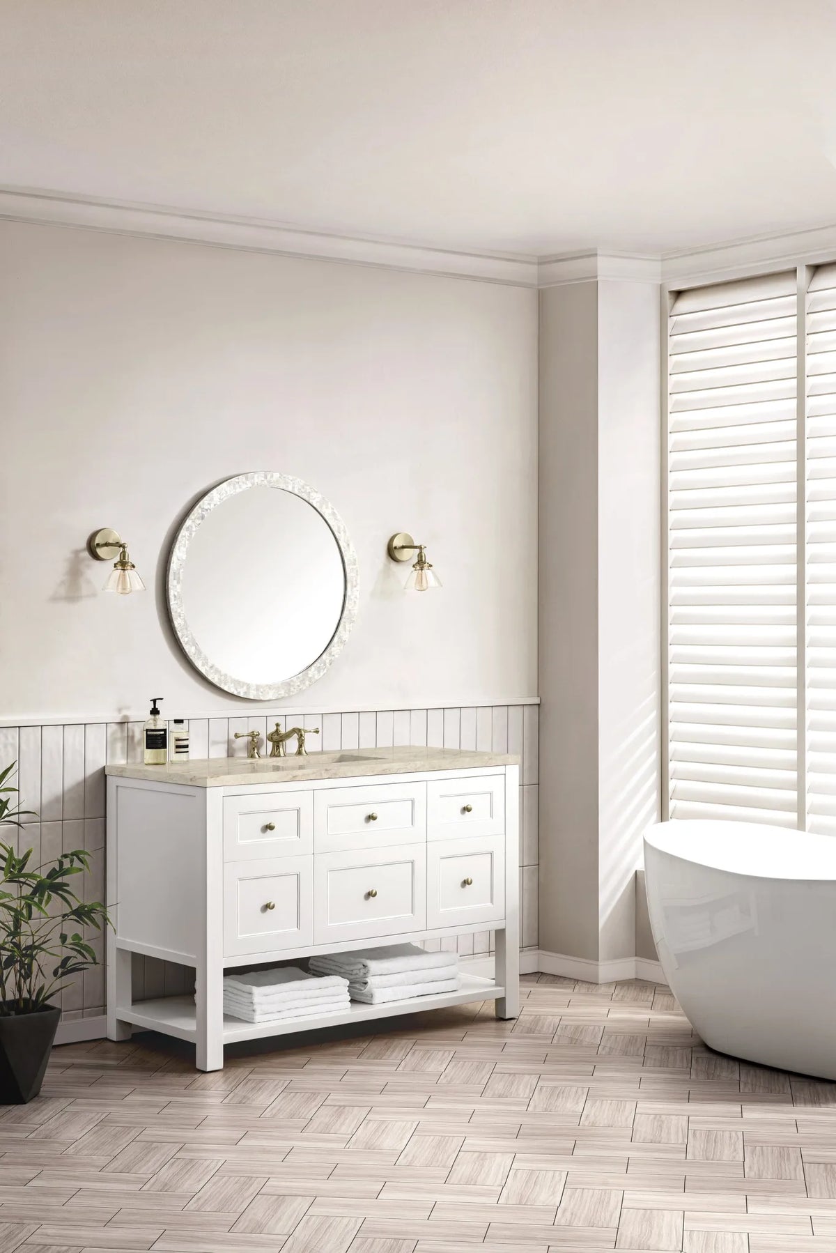 Breckenridge 48" Single Vanity, Bright White, w/ 3 CM Tajnar Eclos Top w/FreePower Wireless Charger