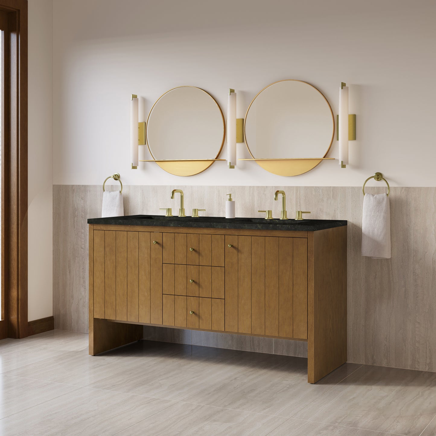Renovate for Less Atlanta Hudson 60" Double Vanity, Honey Oak w/ 3 CM Phantome Eclos Top