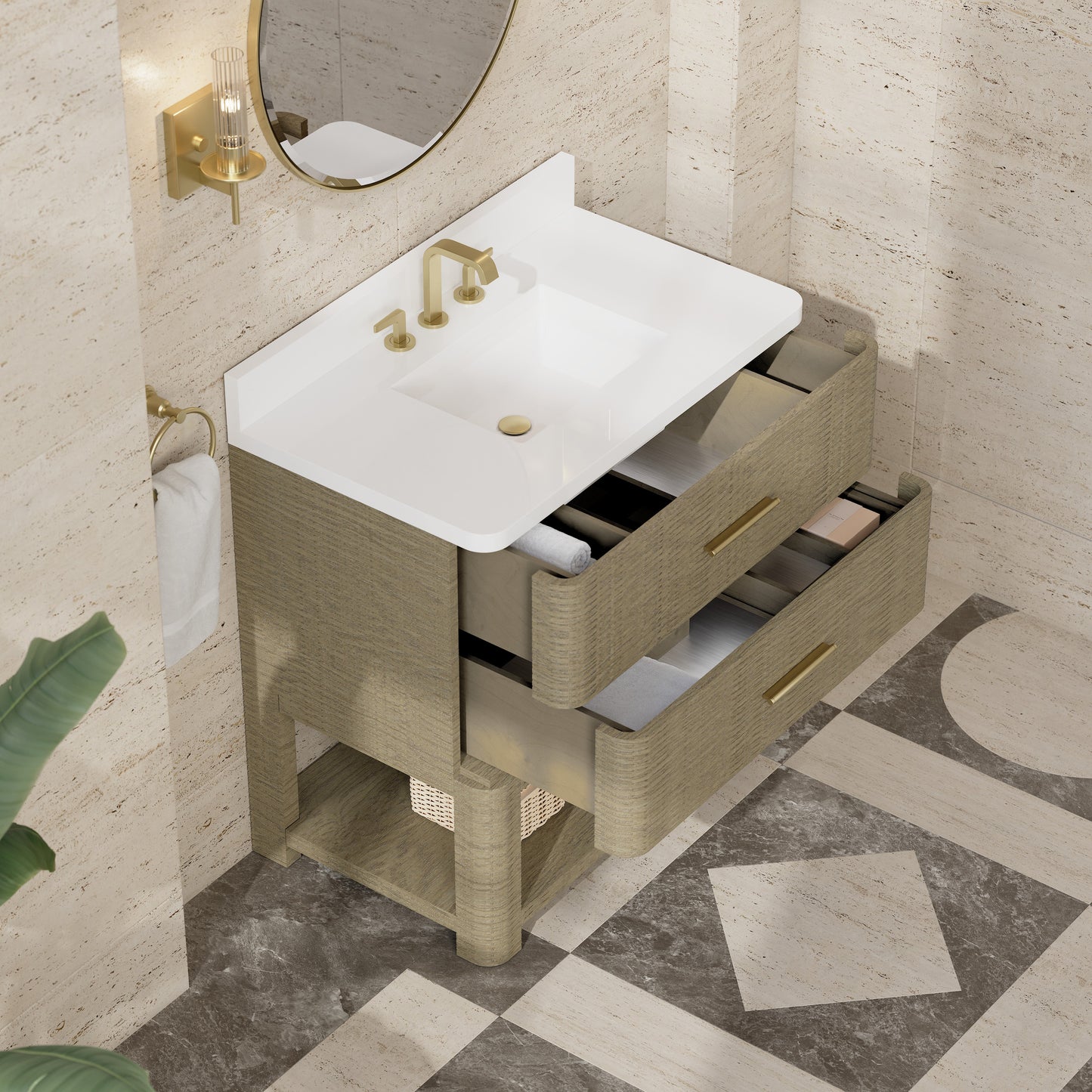 Renovate for Less Atlanta Lucian 36" Single Vanity, Pebble Oak w/ 3 CM White Zeus Silestone Widespread Top