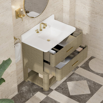 Renovate for Less Atlanta Lucian 36" Single Vanity, Pebble Oak w/ 3 CM White Zeus Silestone Widespread Top