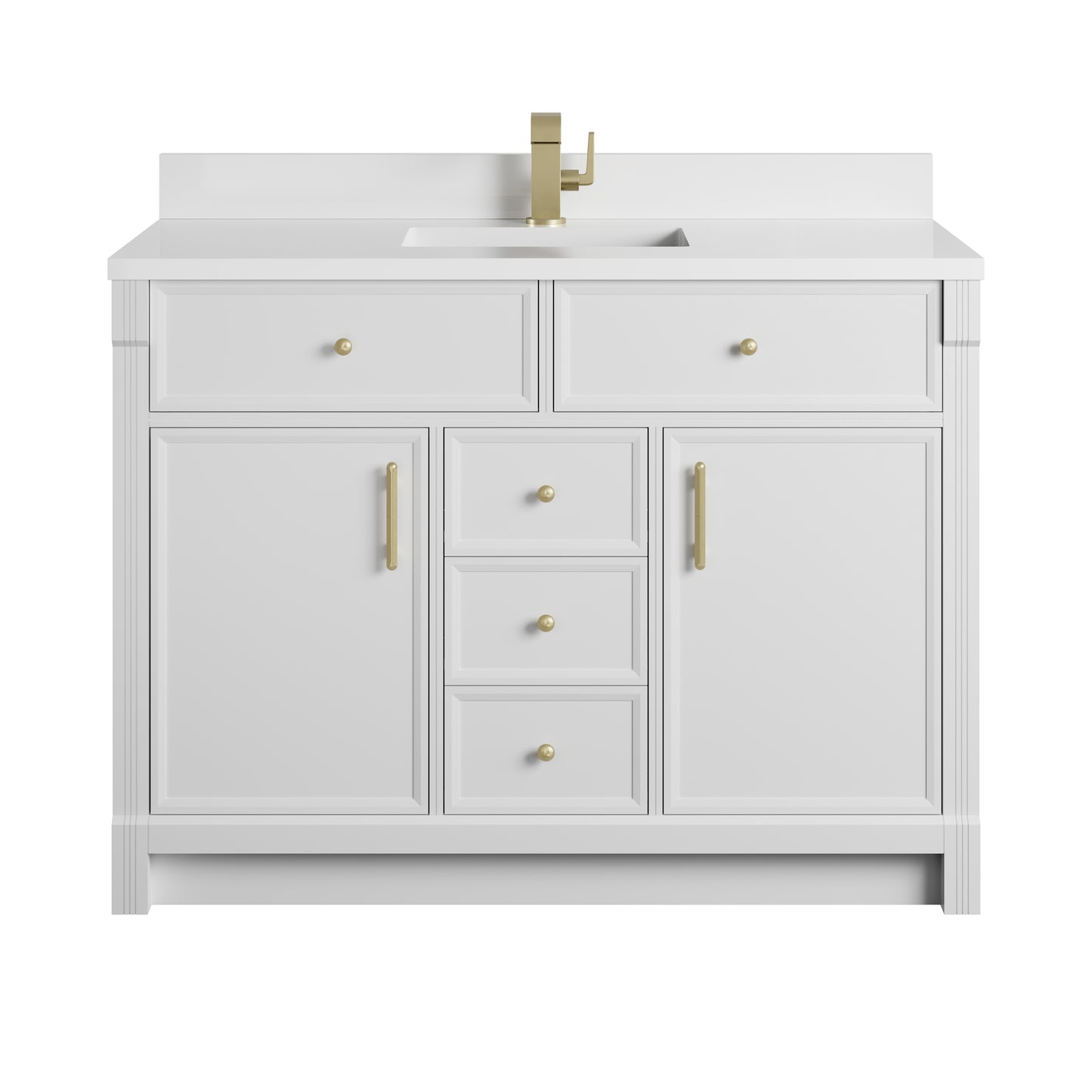 Renovate for Less Atlanta Bellshire 48" Single Vanity, Bright White w/ Single Hole 3 CM White Zeus Silestone Top and Matching Backsplash