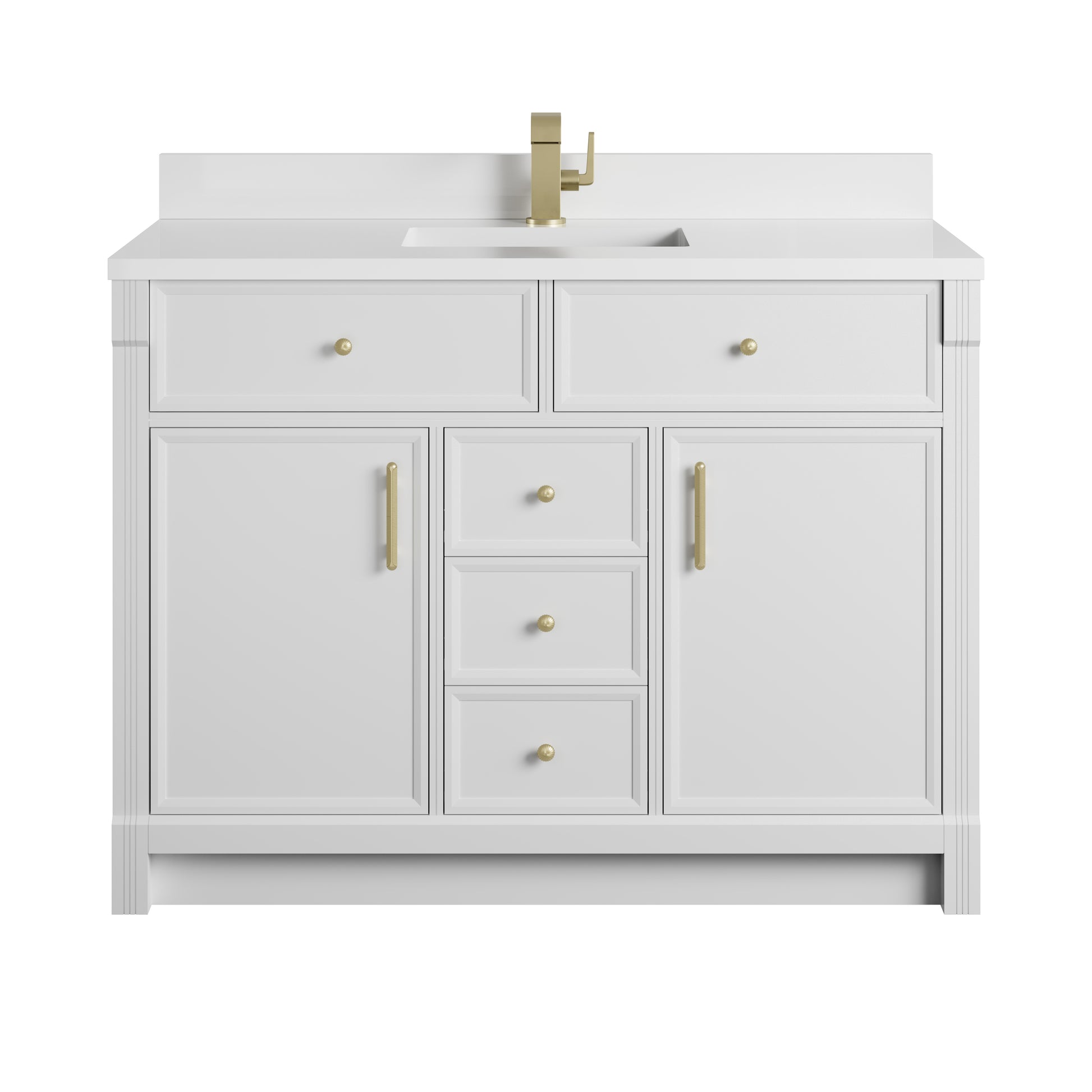 Renovate for Less Atlanta Bellshire 48" Single Vanity, Bright White w/ Single Hole 3 CM White Zeus Silestone Top and Matching Backsplash